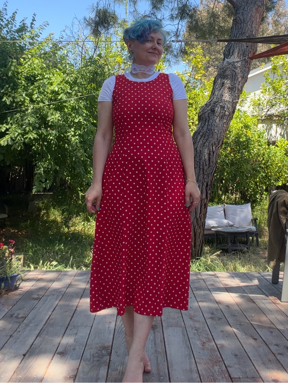 Vintage Red Polka Dot Midi Dress Adjustable Waist Retro Pinup M